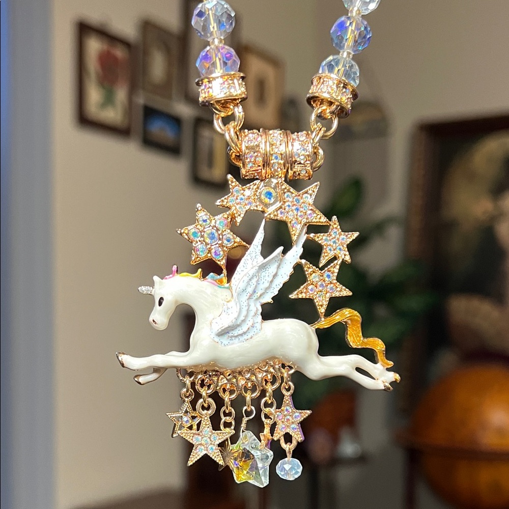 Vintage Kirk’s Folly Enamel Pegasus Unicorn and Stars Pendant Statement Necklace